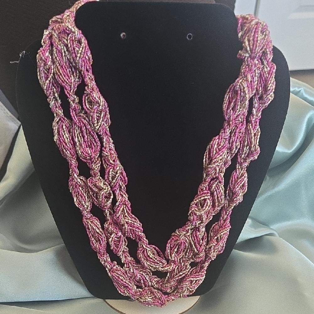 Pink and Gold Crochet Necklace